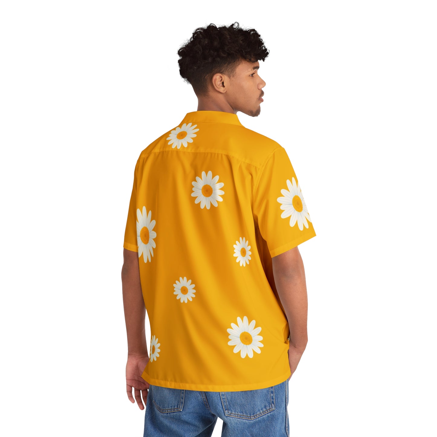 White Daisy Print Hawaiian Shirt | Yellow Floral AOP Camp Collar