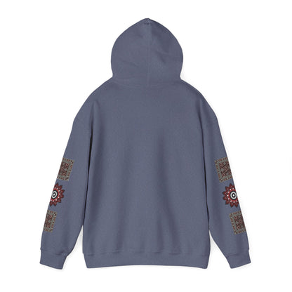 Arabic Calligraphy Panel Hoodie | Geometric Floral Sleeve Pattern